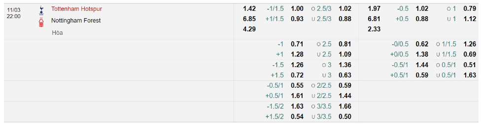 Bảng Tỷ lệ kèo bóng đá Tottenham Hotspur vs Nottingham Forest